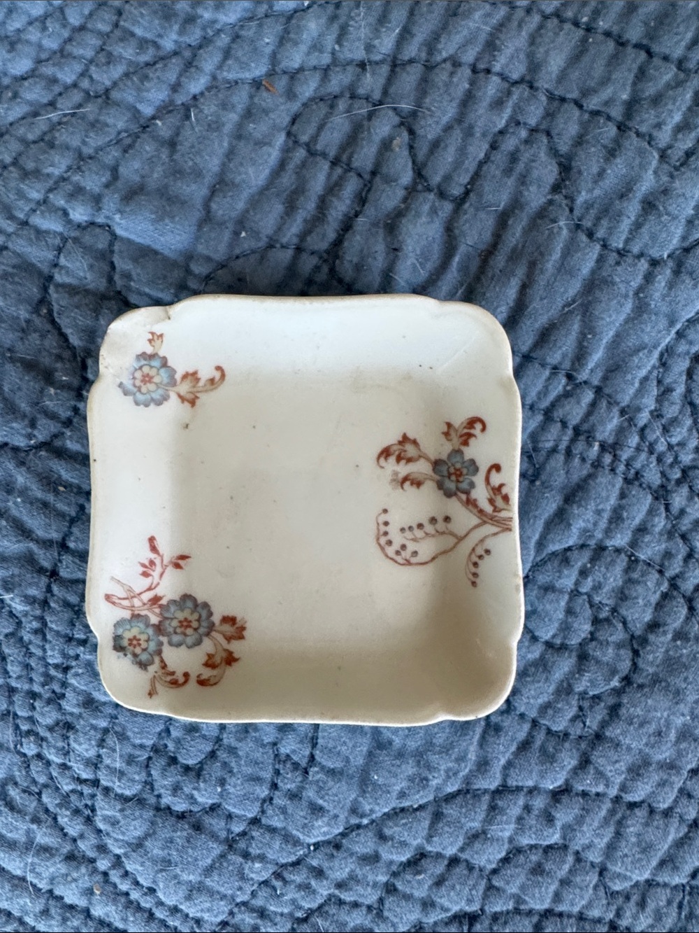 Vintage Floral Haviland Square Trinket Dish or Butter Pat- Blue & Rust Flower